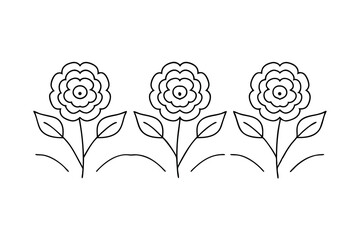 Simple black and white floral design featuring three flowers with detailed petals and leaves