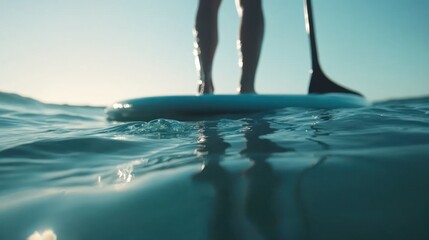 Low angle view of person paddleboarding in the ocean at sunrise.