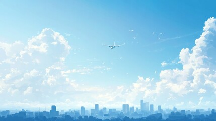 Airplane flying over a city skyline on a bright, sunny day with fluffy clouds.