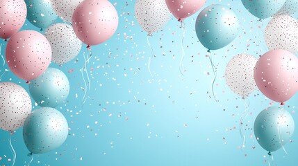 Pastel balloons and confetti against a light blue background.