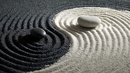 A yin and yang symbol formed with black and white sand with stones placed on each side of the symbol