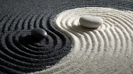 Photo sur Plexiglas A yin and yang symbol formed with black and white sand with stones placed on each side of the symbol