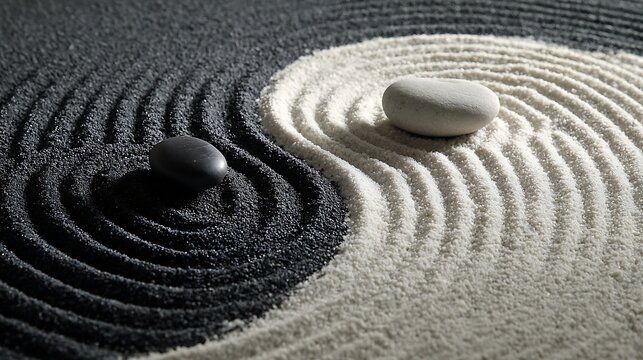 A yin and yang symbol formed with black and white sand with stones placed on each side of the symbol