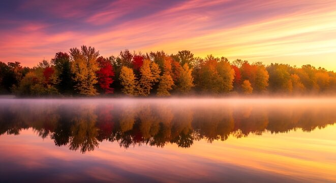 Autumn sunrise landscape capturing colorful trees and their reflection on a misty lake
