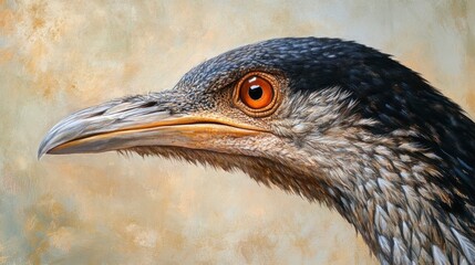 Close-up profile of a bird with dark gray feathers, orange eye, and a light gray beak against a textured beige background.