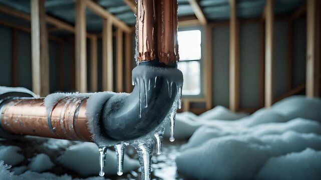 Leaking rusty copper pipe dripping water into foam-filled basement under construction, indoor plumbing issue causing water damage risk

