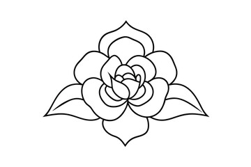 Simple black and white rose flower illustration outlined and isolated on white background