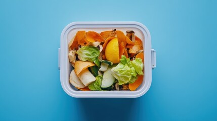 Assorted food scraps in a white container for composting.