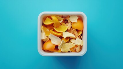 Citrus fruit waste in a white container.