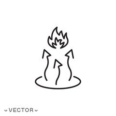 heat Icon, heat rising, thermal arrows and fire rising from floor concept, thin line symbol isolated on white background, editable stroke eps 10 vector illustration