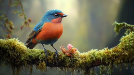 Fototapeta premium Vibrant blue and orange bird perched on moss-covered branch in forest.