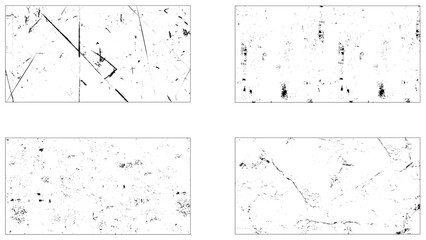 Set of four Black and white grunge. Surface dust and rough dirty wall background concept. Distress overlay texture. Vector illustration.