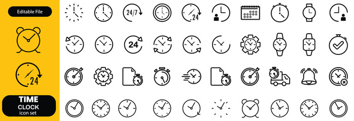 Set of time related line icons. Clock, watch, calendar, timer etc. Editable stroke