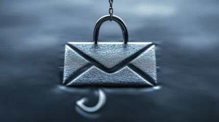 A silver email icon submerged in water, with a chain and hook attached, symbolizing phishing or email security risks.
