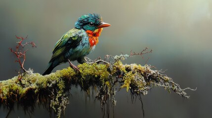 Obraz premium Vibrant hummingbird-like bird perched on a mossy branch in a rainforest.