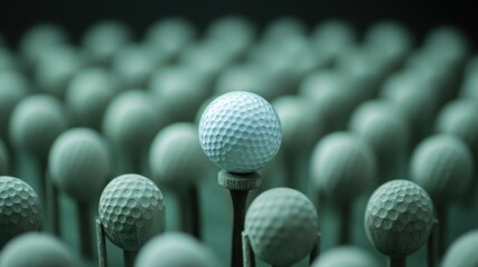 A single white golf ball stands out amidst a crowd of similar gray golf balls on tee markers.