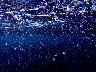 The sun shines through water, casting mottled light and shadow, intertwined with countless bubbles underwater, like a dance of light. Various aquatic, fish swimming in water in Mediterranean sea.