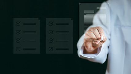 Check list concept.Medical worker with online checklist survey, filling out digital form checklist, take an assessment, questionnaire, evaluation, online survey, online exam