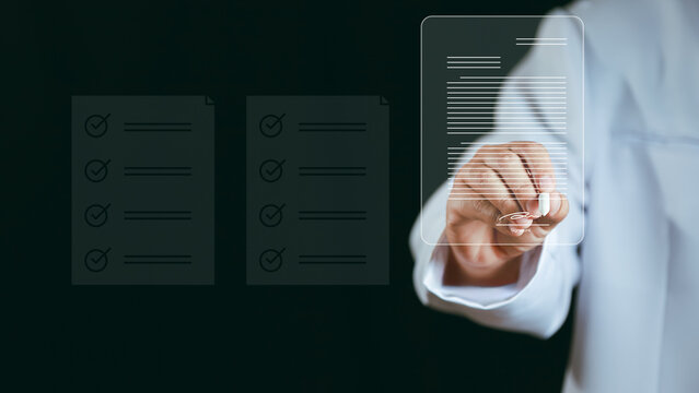 Check list concept.Medical worker with online checklist survey, filling out digital form checklist, take an assessment, questionnaire, evaluation, online survey, online exam