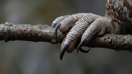 Close-up of a bird of prey's powerful talons gripping a tree branch.