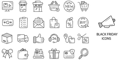Black Friday simple concept 24 hand drawn icons set .Vector illustration.