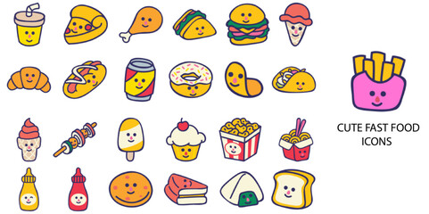 Fast food simple concept 24 Hand drawn Color icons set .Vector illustration.
