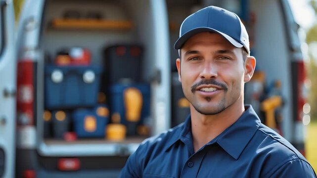 Confident male technician in uniform and cap standing near service van with tools, smiling outdoors, professional repair and maintenance worker

