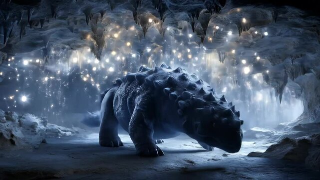 Spiked dinosaur rests peacefully in a glowing crystal cave The prehistoric beast looks ancient and powerful in the dimly lit cavern