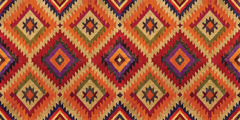 Vibrant geometric textile pattern featuring earthy colors and intricate designs.