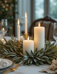 Christmas decoration still life with burning candle, gold ornaments, and winter branches, perfect for holiday celebration.