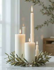 Christmas decoration still life with burning candle, gold ornaments, and winter branches, perfect for holiday celebration.