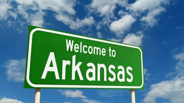 Arkansas welcome billboard at the entrance to the state. Welcome To Arkansas Green Road Sign.
