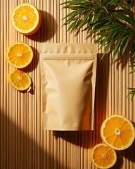 Blank brown kraft zip paper standup Pouch mockup with Oranges and Palm Leaf