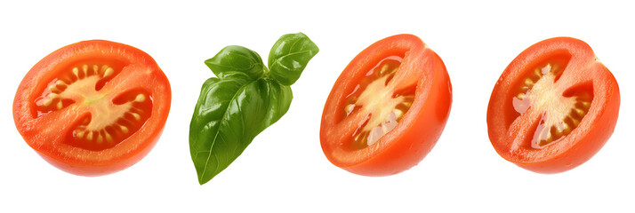 Fresh cut tomatoes and basil leaf isolated on black background, healthy food concept