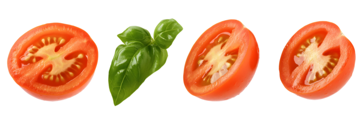 Fresh cut tomatoes and basil leaf isolated on black background, healthy food concept