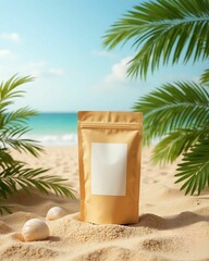 Blank brown kraft zip paper standup Pouch mockup on Tropical Beach