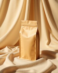 Blank brown kraft zip paper standup Pouch mockup on Draped Fabric