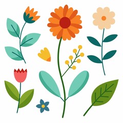 Collection of Colorful Flat Vector Floral Elements on White Background for Design Projects