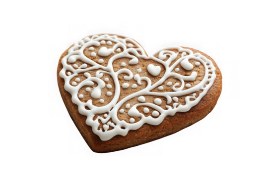 Delicious heart shaped gingerbread cookie with white icing decoration, perfect for valentine's day or christmas, isolated on transparent background - Powered by Adobe