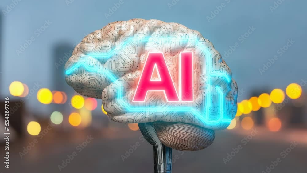 Poster Human brain stylized with circuit board patterns and glowing elements, symbolizing the convergence of mind and technology. perfect for ai, machine learning, and data science.