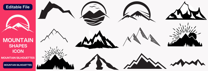 Set of mountain silhouettes, A set of black simple mountain silhouettes in a white background.