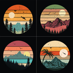 Vintage sunset landscape badges featuring mountains, trees, palm trees, and birds in retro circles