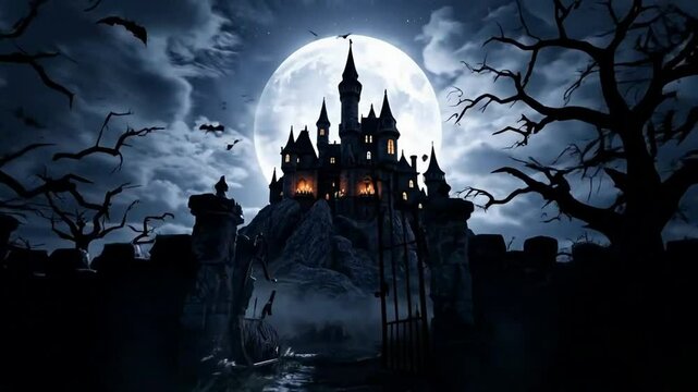 Spooky halloween castle under full moon, Animated gothic night scene, 4K loop