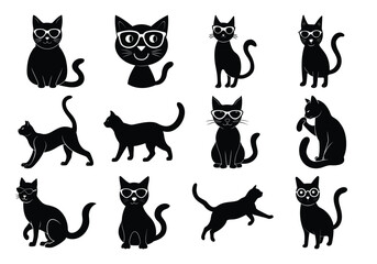 Cute Black Cats in Sunglasses - Collection of Vector 
Silhouettes on white background 