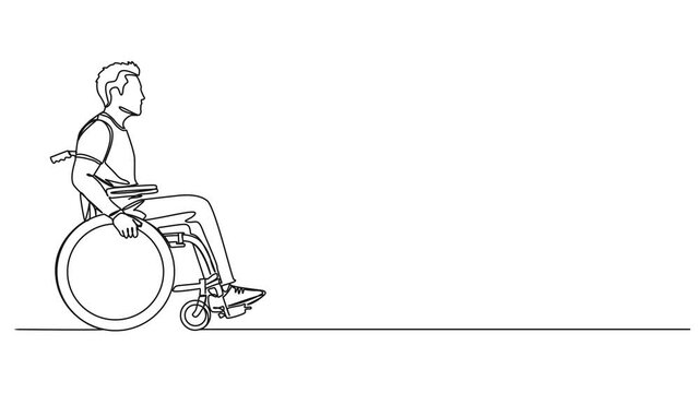 animated continuous single line drawing of man in wheelchair, line art animation