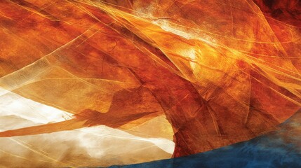 Abstract vibrant artwork depicting swirling colors of orange, blue, and white, suggesting movement