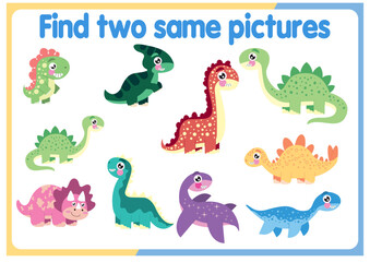 Find two identical dinosaurs. Ancient world, game for children. Fantasy or fairy tale, educational quiz for children, developing attention.