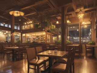 Wooden interior of cafe.