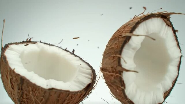  cracked coconut&mdash;split into two rough halves with visible white flesh&mdash;is falling through the air in super slow motion. The motion captures every detail the texture of the fibrous brown shell