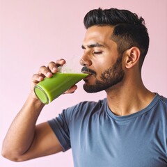 Fototapeta premium A man with a stylish haircut enjoys a refreshing green juice, smiling as he stands against a vibrant pink background that adds a lively contrast.